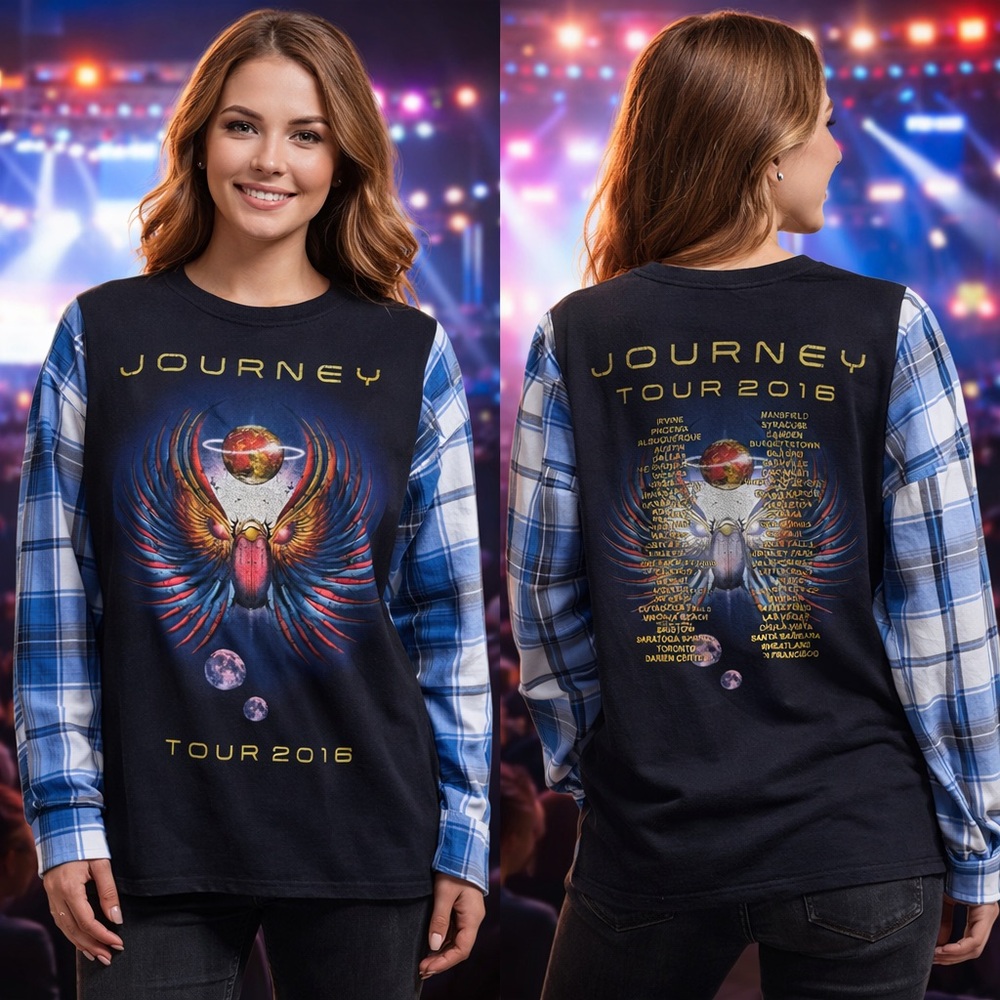 Custom Upcycled Journey Tour Tee Flannel Pullover Top OSFM Blue White OOAK